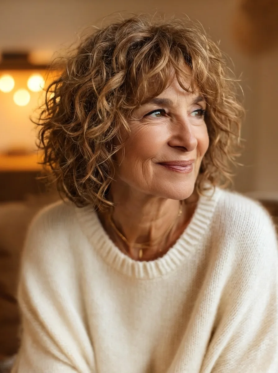 Golden Brown Short Curly Bob with Wispy Bangs